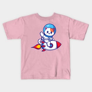 Cute Cat Astronaut Riding Rocket And Waving Hand Cartoon Kids T-Shirt